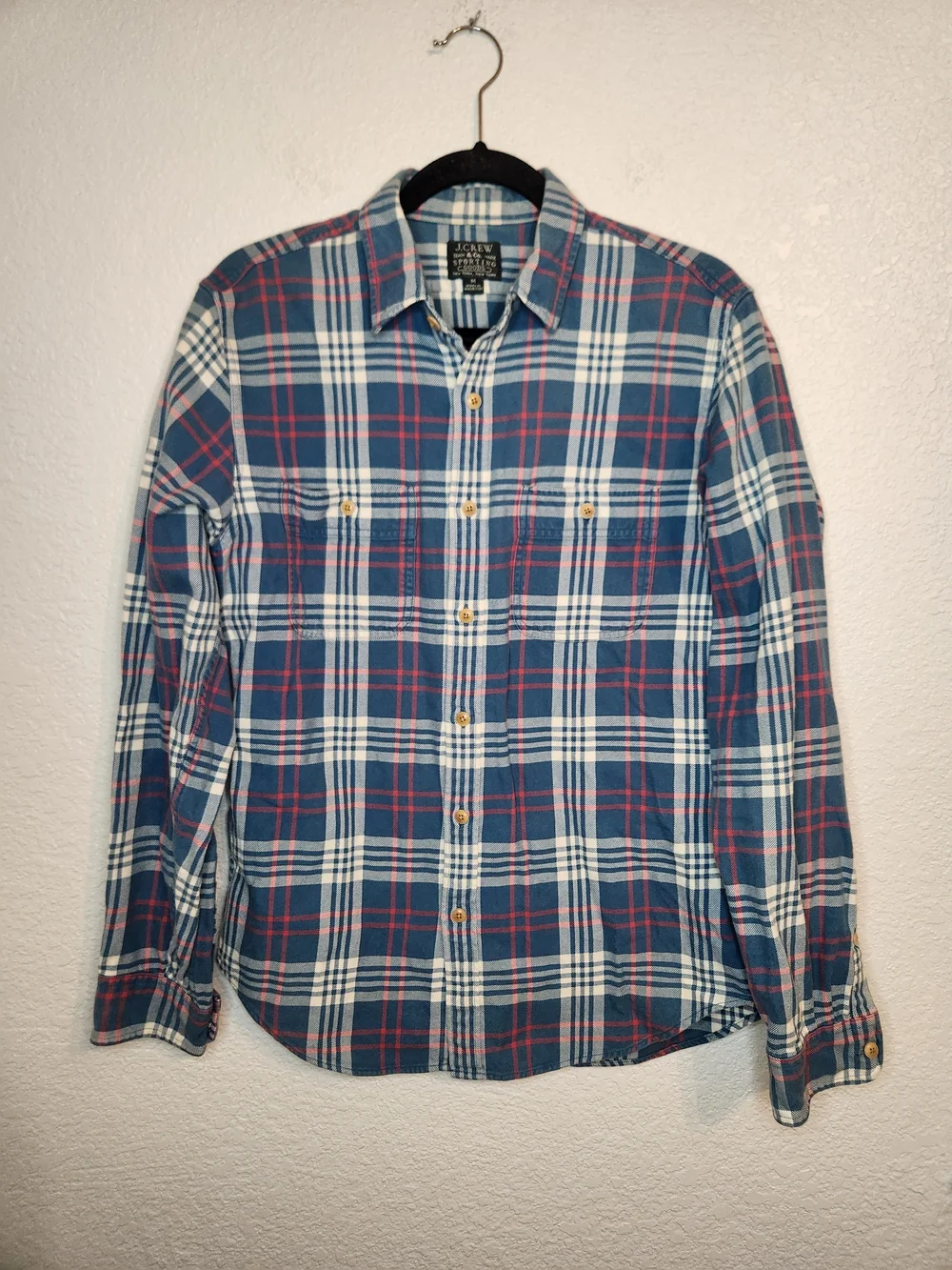 J Crew Slim Fit Flannel Camp Shirt Button Up Plaid Long Sleeve Mens Sz Medium
